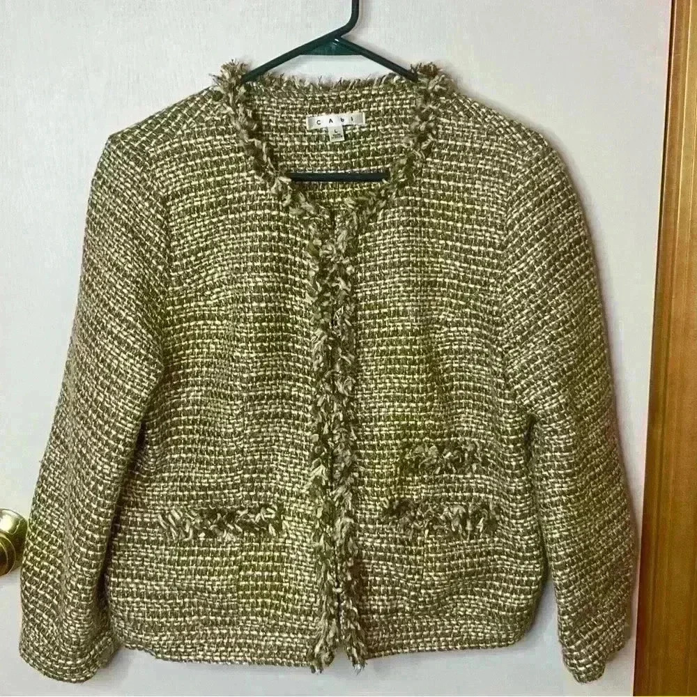 Cabi Tweed Jacket Women Large Brown Tan Cropped Lined Fringe Blazer Work Casual